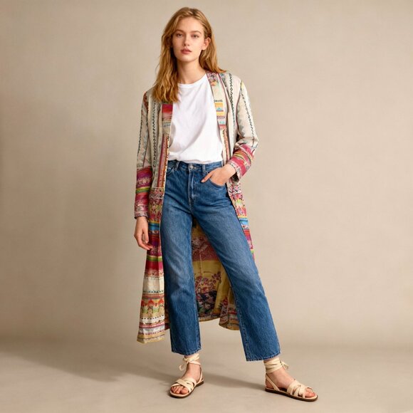 $880 NWOT Johnny Was Long Reversible Silk Embroidered Bohemia Kimono Size S - Picture 2 of 16